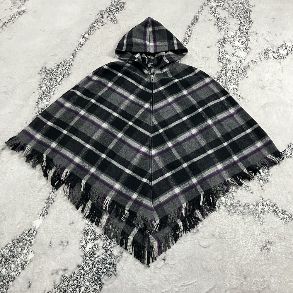 Luciano‎ Dante Plaid Hooded Poncho Cape Wool Blend Fringe Zip Front Size L